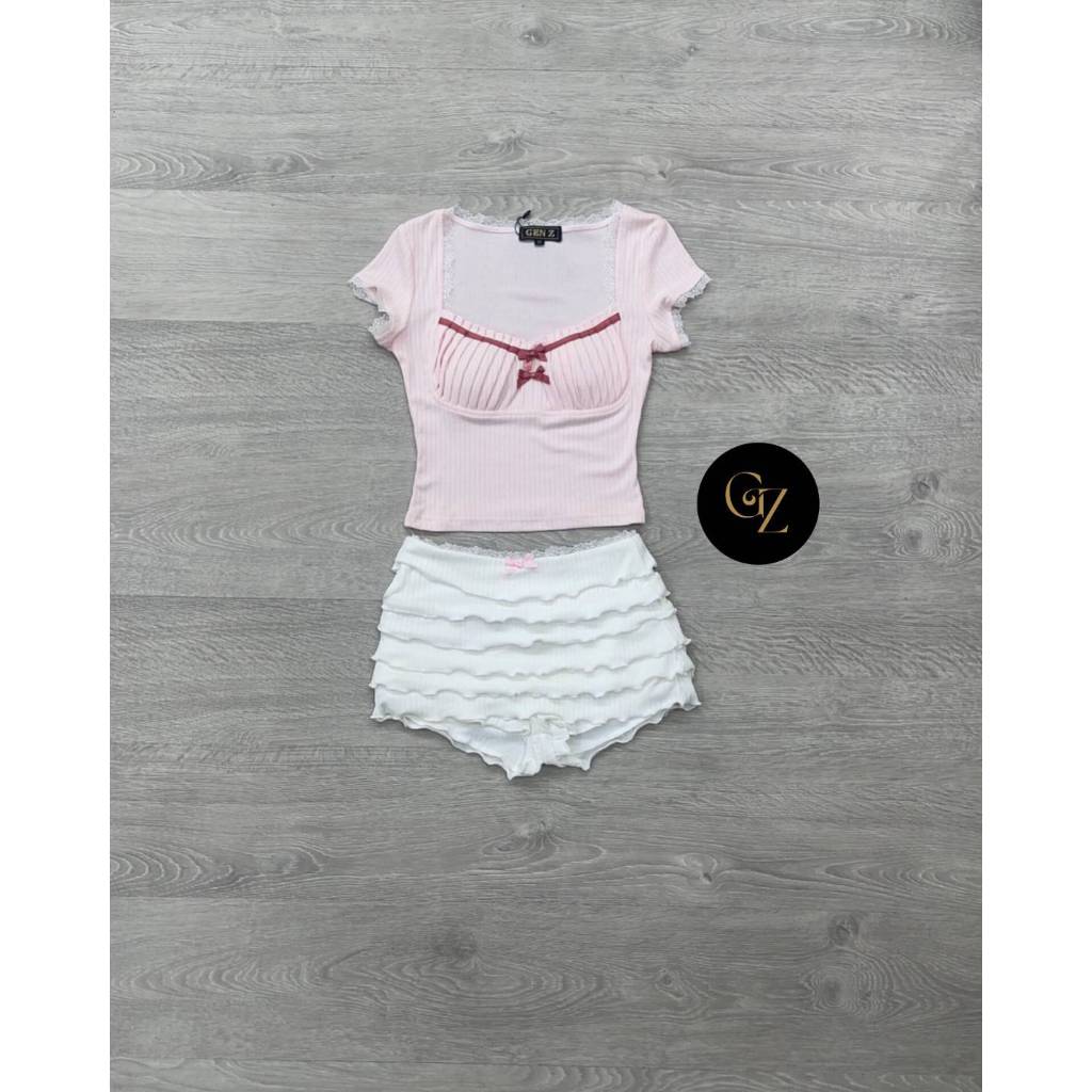 GEN Z Setเสื้อแขนสั้นแต่งลูกไม้ผ้านิ่ม - รูปที่ 7