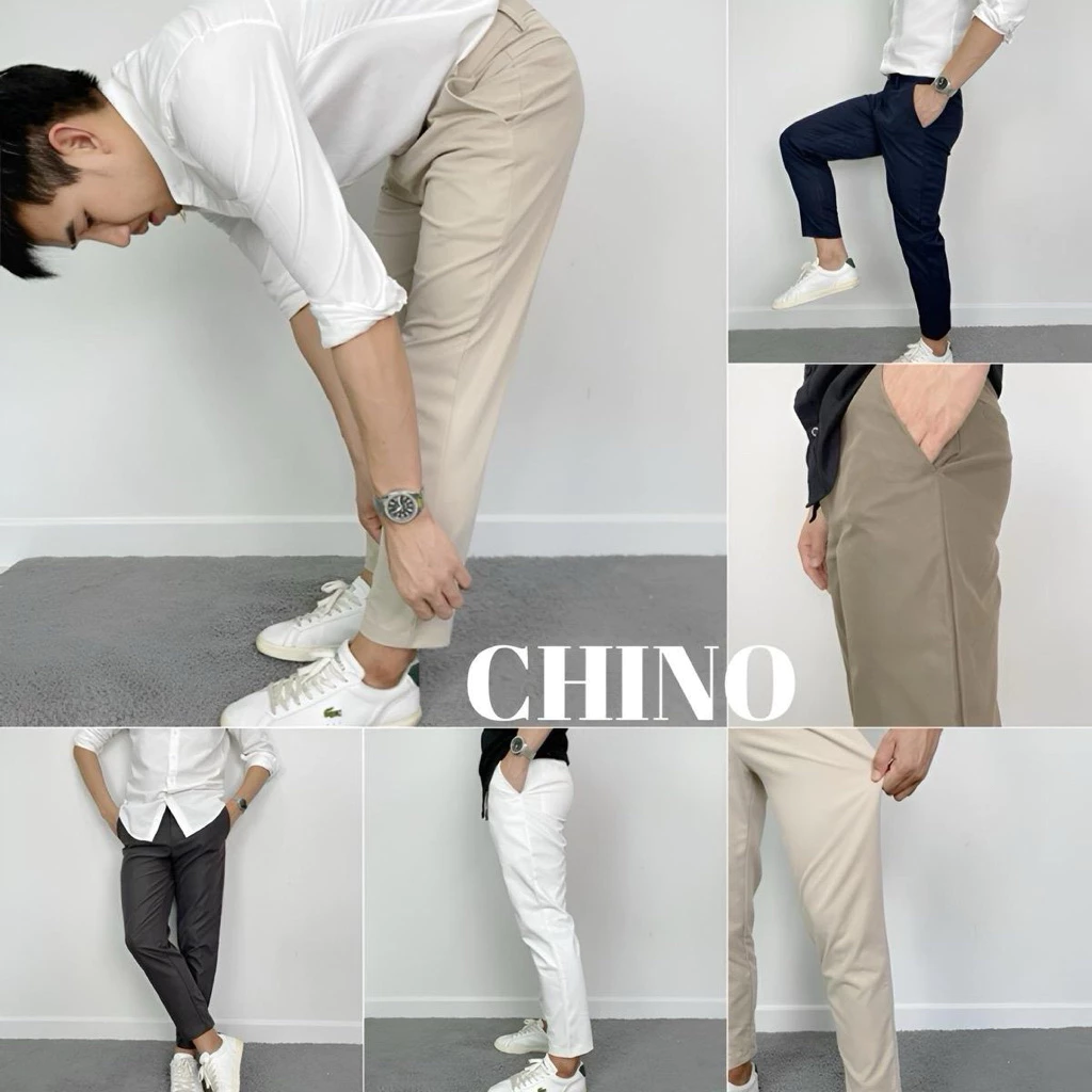 กางเกงขาเต่อผ้าชิโน่ Chino เนื้อผ้า Cotton Premium ผ้ายืดเบาสบาย ความยาว 35“ ทรงกระบอกเล็ก