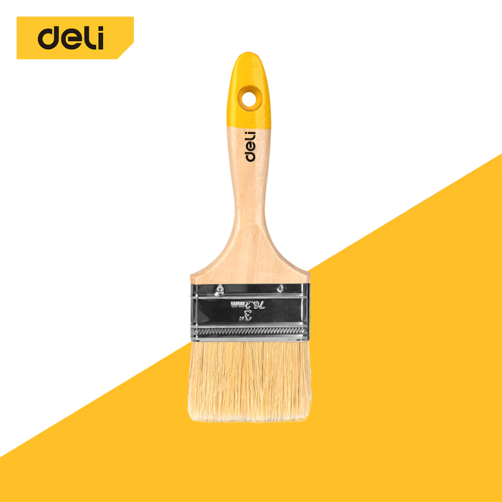 Deli แปรงทาสีบ้าน แปรงสี ด้ามจับสีเหลือง มีขนาด4 ทนทาน ขนไม่หลุดง่าย ขนนุ่ม เกรดพรีเพมี่ยม Paint Brush