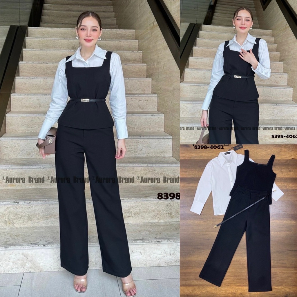 พร้อมส่ง เติมSML⚡️AR 8398 ชุดเซต4ชิ้น สุดคุ้ม เสื้อสีดำ+ขายาวสีดำ+เชิ้ตสีขาว+เข็มขัด เรียบหรู - รูปที่ 4