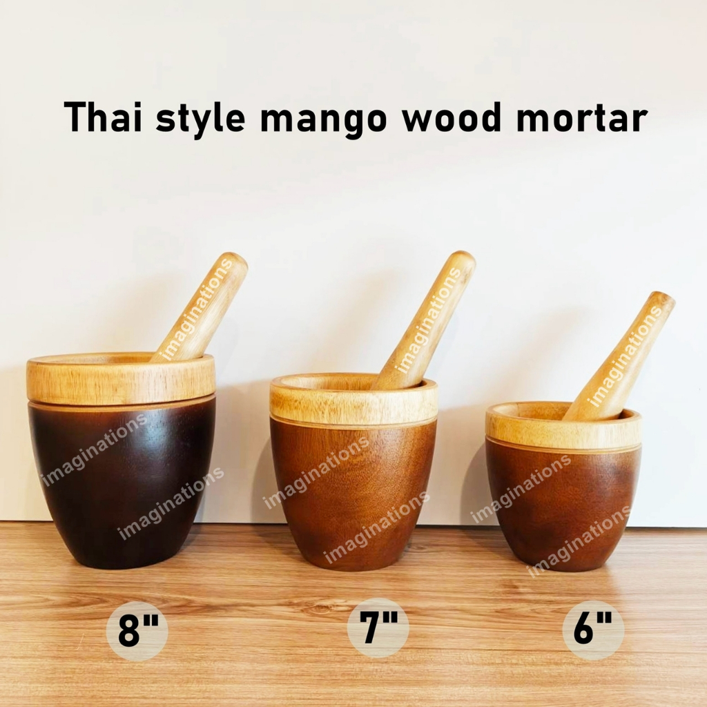 ครกส้มตำ พร้อมสาก ทำจากไม้มะม่วง มี 3 ขนาด 8", 7", 6" สวยงาม ทนทาน FOOD GRADE ครกไม้ ผ่านการอบไม้แล้ว ไม่มีปัญหาเชื้อรา