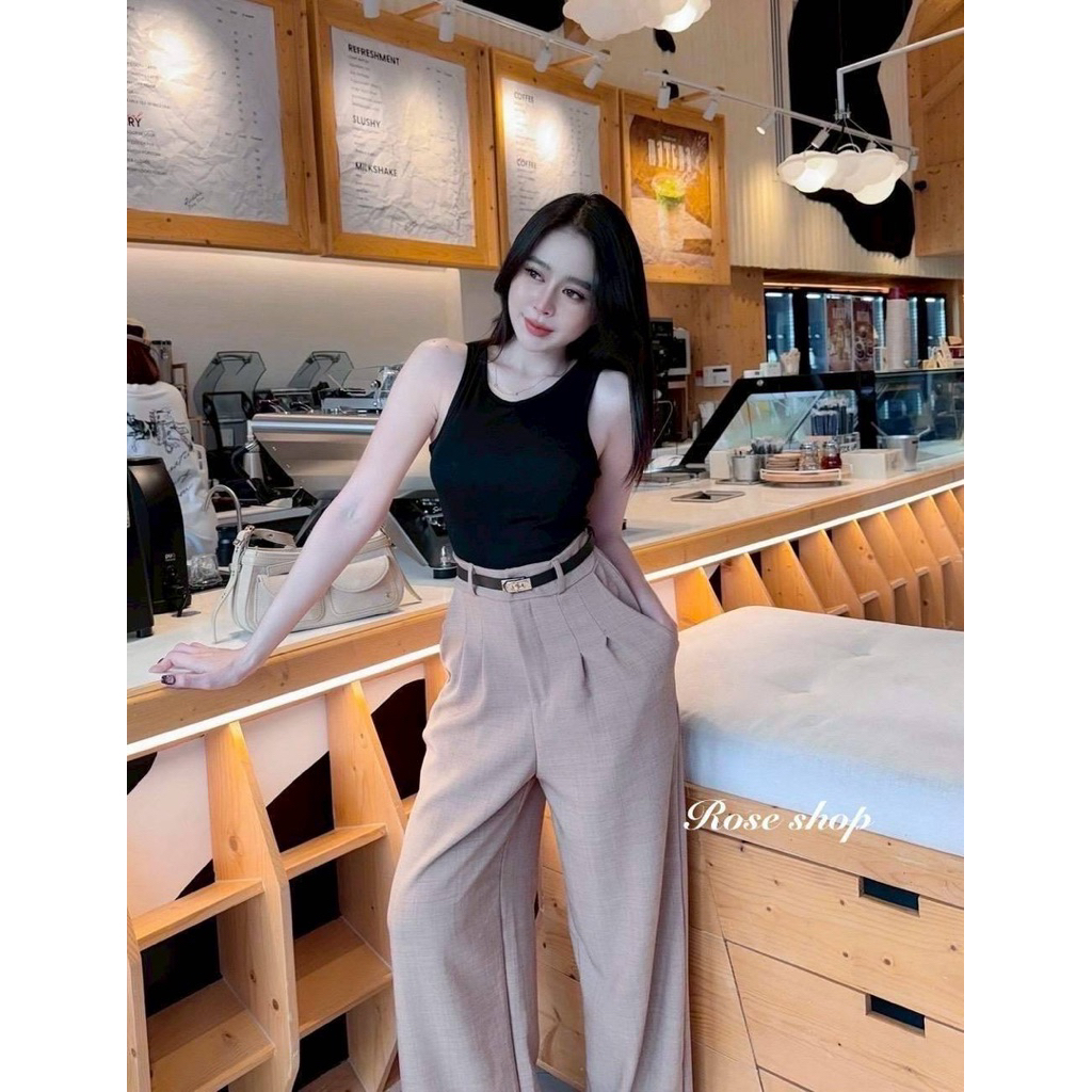 #Roseshop เซ็ต 3 ชิ้น เสื้อก้าม กางเกงขายาวพร้อมเข็มขัด ทรงสวย ดีเทลเกร๋ สดใสๆ