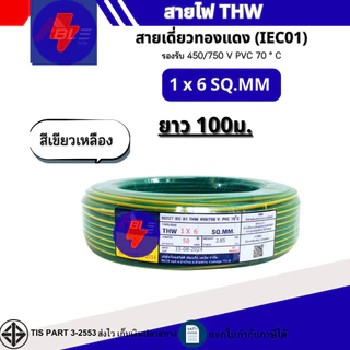 สายไฟTHW 1x6 SQ.MM. IEC 01 สายไฟทองแดงเดี่ยว ยาว 50เมตร 100เมตร (ผลิตไทย)สินค้ามาตรฐาน