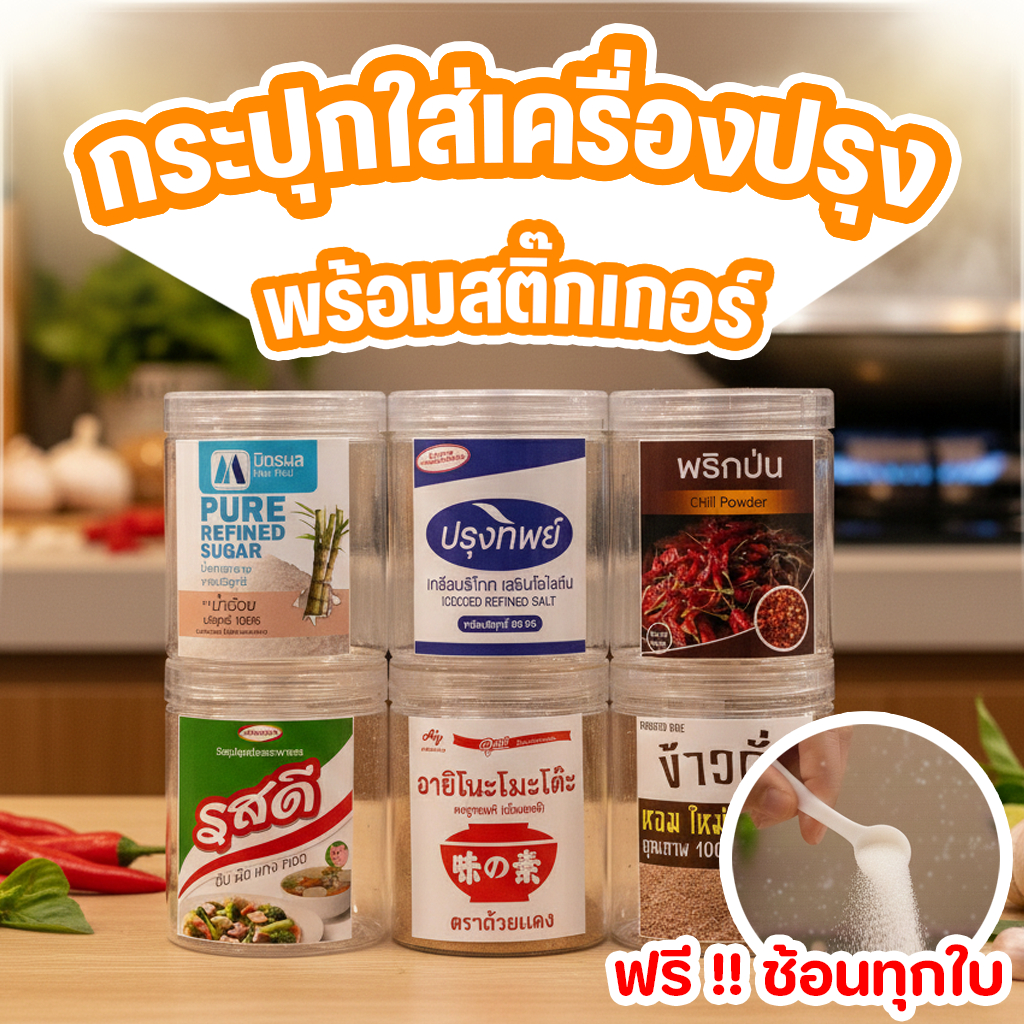 กระปุกใส่เครื่องปรุงเซต 6 ชิ้น มีช้อนพร้อมใช้ทุกใบ! กันน้ำ100%
