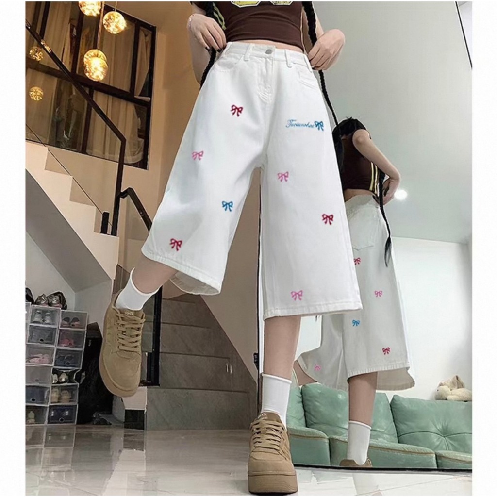 พร้อมส่ง S-10XL กางเกงยีนส์ 7 ส่วน 4 กระเป๋า งานปักโบว์ ผ้ายีนส์นิ่มไม่บางระบายอากาศได้ดี ราคา ถูกที่สุด ดีลบีเคเค แกลเลอรีภาพที่ 7
