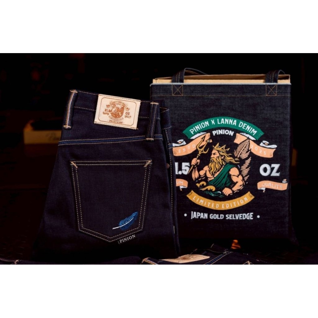 PinionDenim X lanna Denim 21.5 oz เทพเจ้ากรีก รุ่น เทพเจ้าโพไซดอน(poseidon)หลังน้ำเงินมีทรงกะบอกเล็กและกะบอกตรง