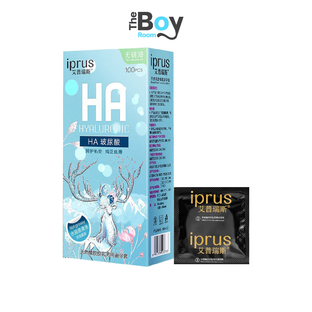 แบรนด์ iprus ถุงยางอนามัยราคาโรงาน 100 ชิ้น เพิ่มไฮยาลูรอน 1800 มก. ไซส์ 49±2 มม.
