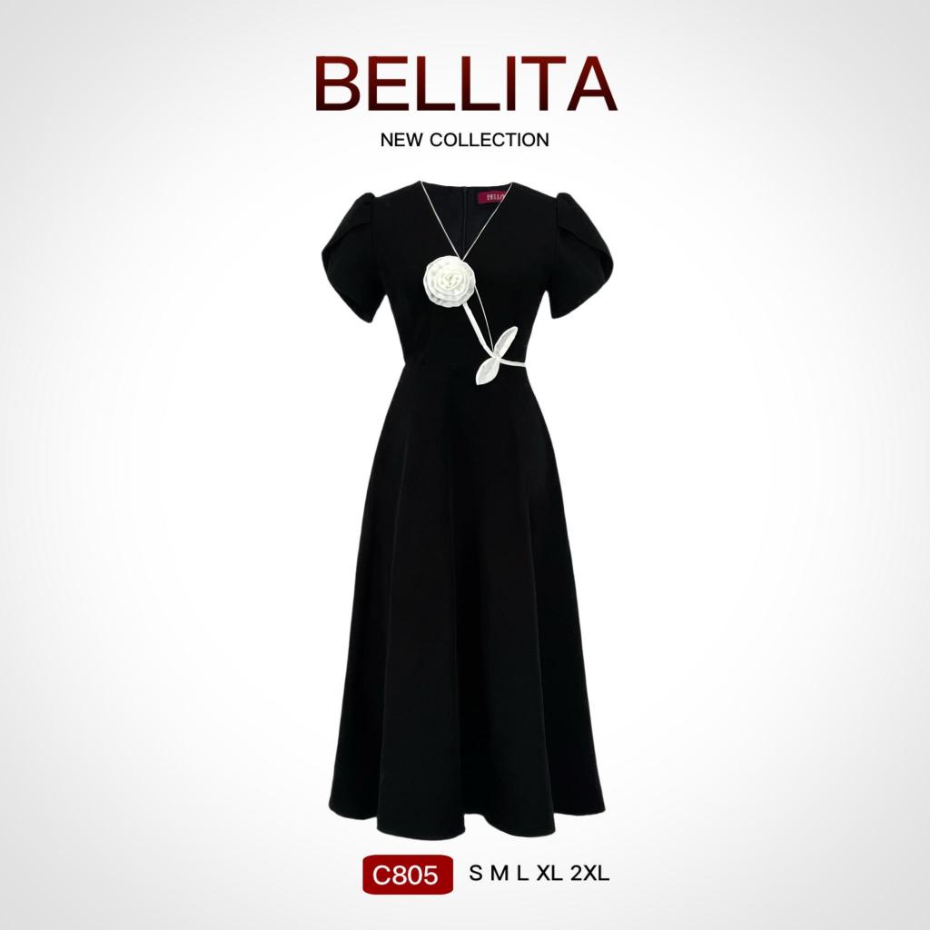 C805 BELLITA เดรสสีดำยาวปักดอกไม้ทรีดี ทรงปล่อย ใส่เที่ยวคาเฟ่ ชุดออกงาน เดรสทำงาน – โปรปัง