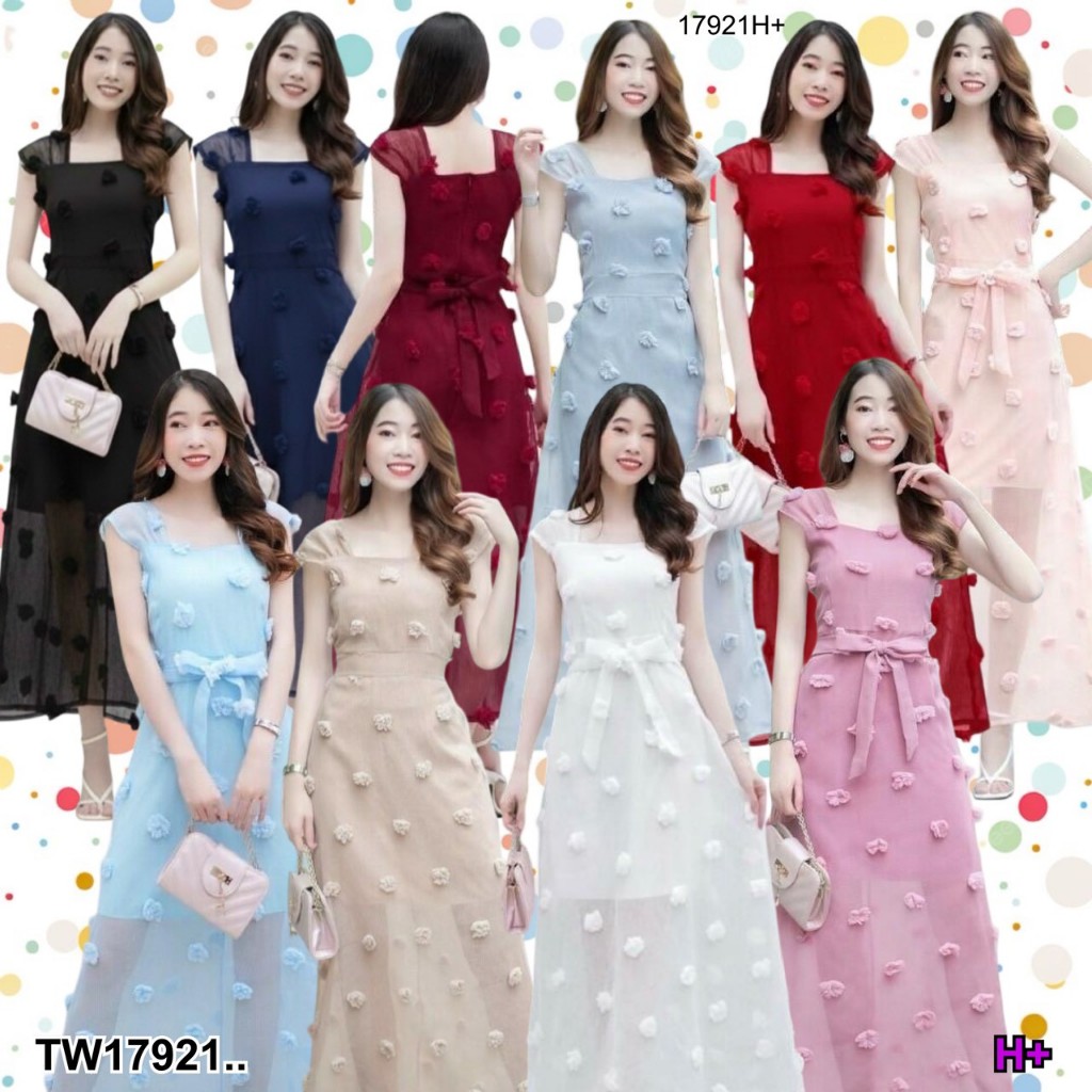 TT17921 เดรสยาว ซีทรูแต่งดอกปอมๆ