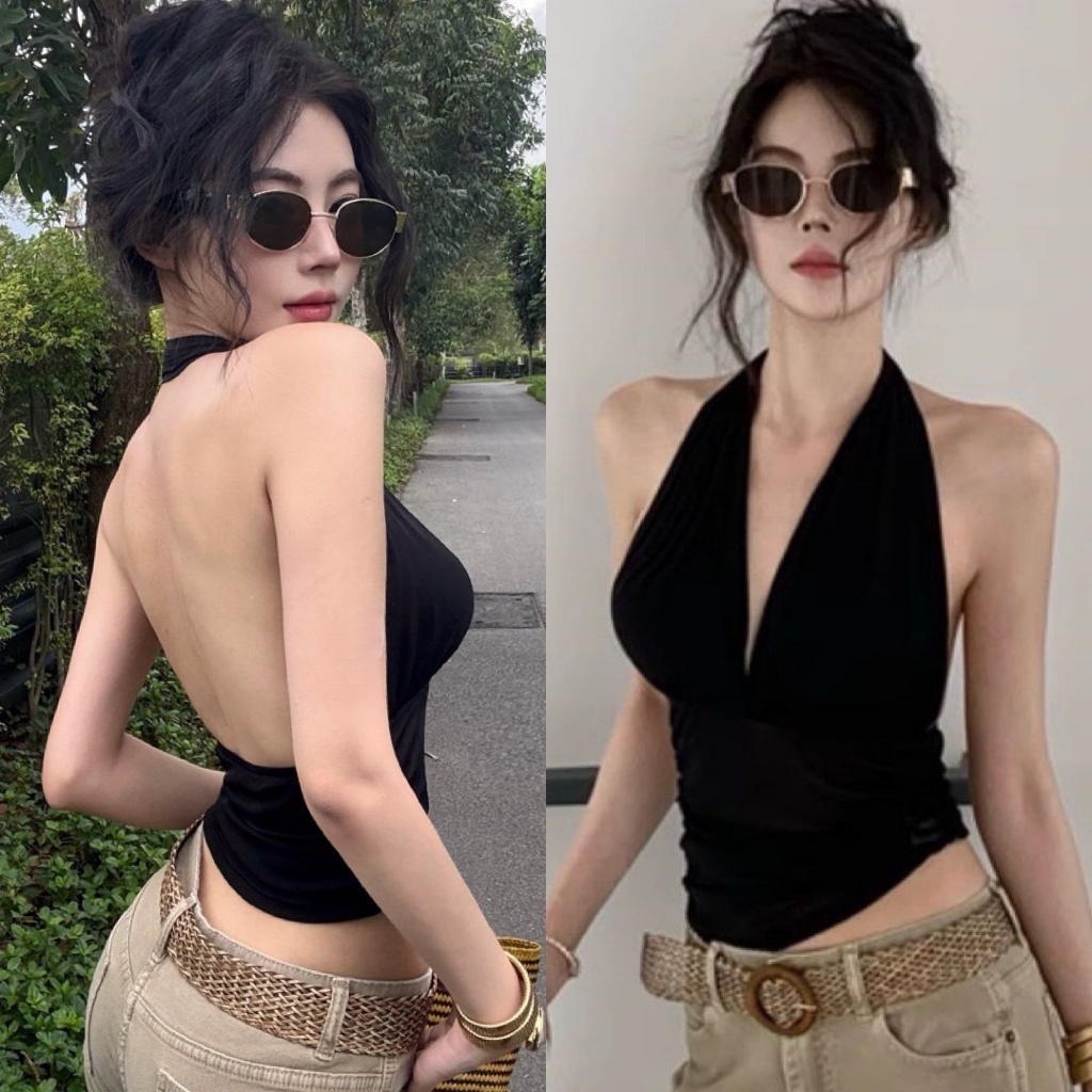 เสื้อคล้องคอวีลึกผ้าซีทรู ไม่มีฟองน้ำ คล้องคอเซ็กซี่โชว์หลัง