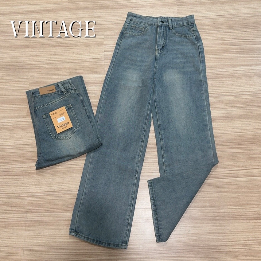 Vintage รุ่น H5850 กางเกงยีนส์ ขายาว ทรงกระบอก แต่งเฟดขา ใส่แล้วทรงสวยมาก ผ้าไม่ยืด