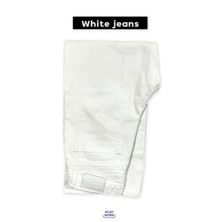 playwork.store | 150cm white jeans ยีนส์ขายาว สีขาว ผ้าไม่บาง กระบอกกลาง ยีนส์สาวสูง150cm+ ความยาว37นิ้ว (026-ยีนส์ขาว)