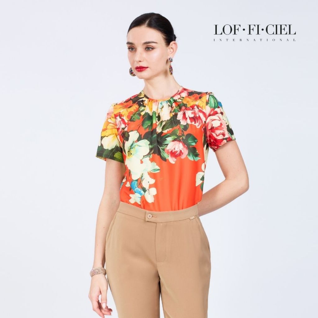 LOF-FI-CIEL Woman's Blouse Secret Garden Blouse แขนสั้น สีแดงส้ม FC6GDO