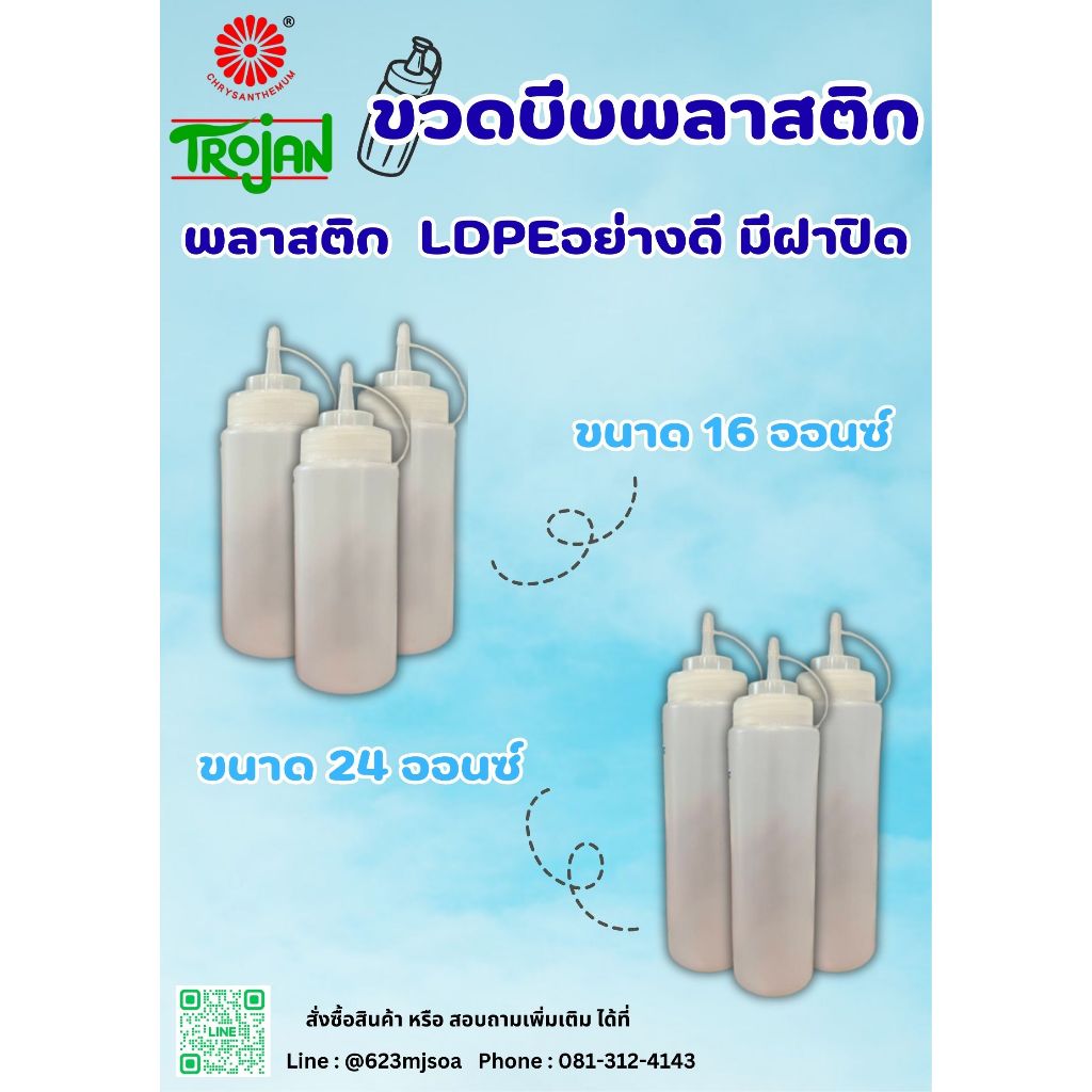 ขวดบีบพลาสติก  LDPEอย่างดี มีฝาปิด  ขนาด 16,24 ออนซ์ สำหรับใส่น้ำเชื่อม น้ำผึ้ง น้ำหัวเชื้อผลไม้เข้มข้น หรือซอสต่างๆ