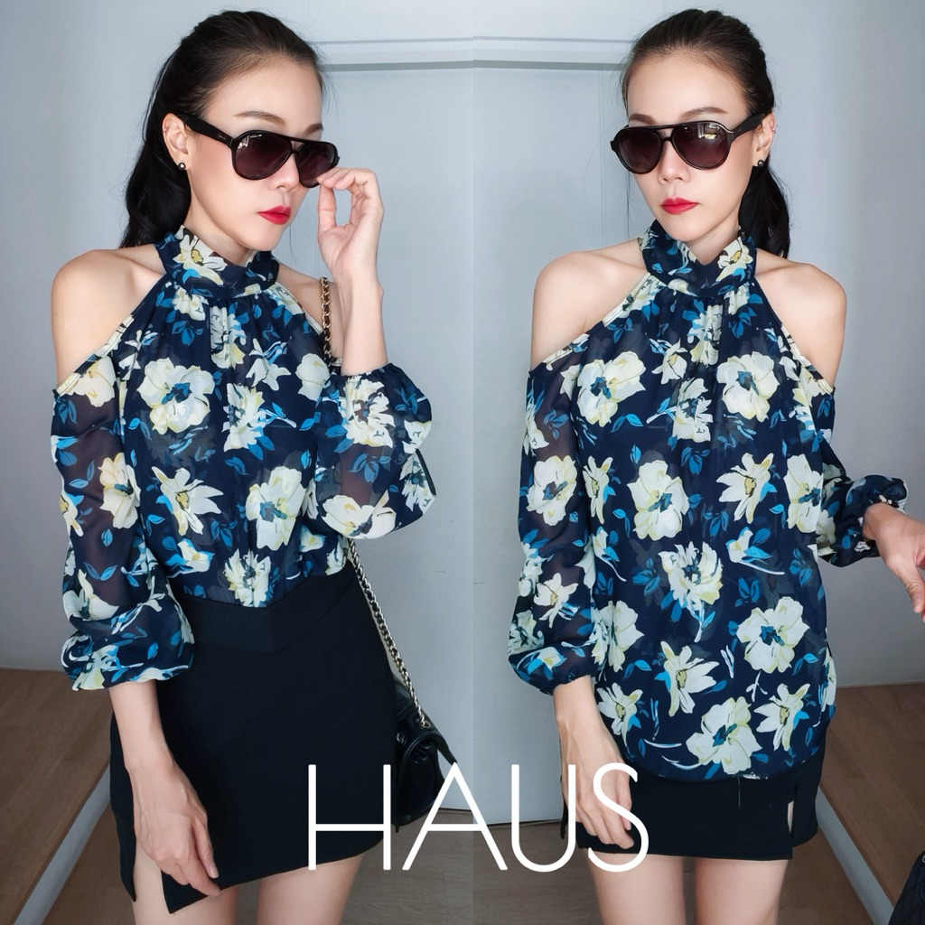 เสื้อชีฟองแขนยาวเปิดเว้าไหล่ ทรงคอจีน ผูกโบว์หลังคอ freesizeอก44“( อก32-44”ใส่ได้