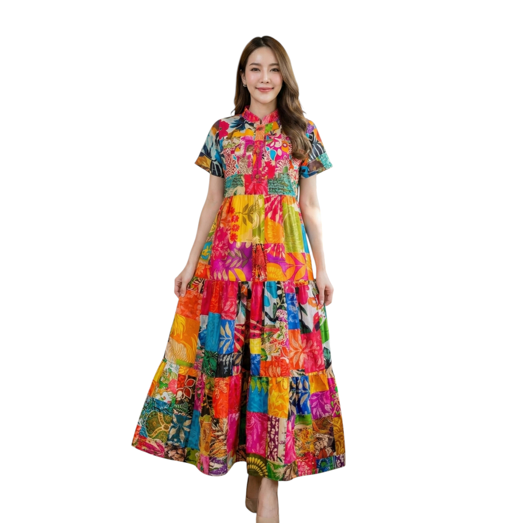 👗 เดรสยาวคอจีนโบฮีเมียน | งานแฮนด์เมด Patchwork | อัดกาวช่วงบนอยู่ทรงสวย | แถมฟรี! ที่คาดผมเข้าชุด