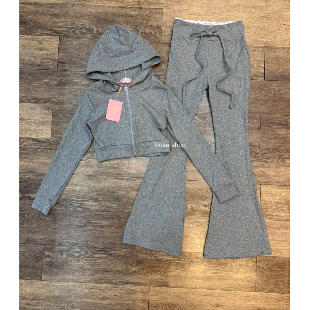 เซท 2 ชิ้น เสื้อครอปแต่งหูน้อลแมว (แมวน้อย)มีซิปหน้า กางเกงขาม้าเอวแต่งขอบลูกไม้สุดฮิต - รูปที่ 5