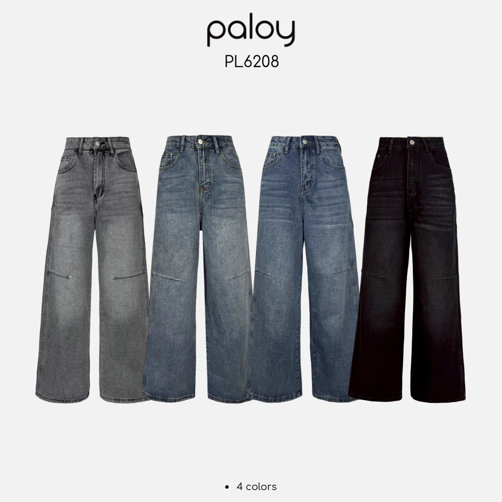 Paloy - PL6208 กางเกงยีนส์ขากระบอกใหญ่สีเทา แต่งขีดหน้า