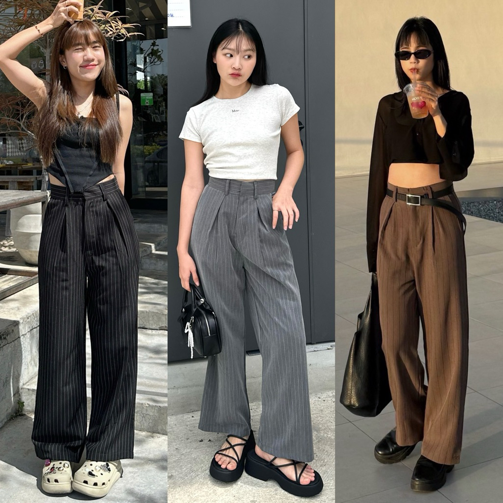 150cm jolie กางเกงขายาวลายทาง กระบอกใหญ่ จีบหน้า สวยดูแพงมากก [playwork.store] (021-ลายริ้ว)