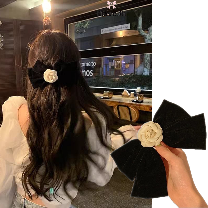 ในไทย-พร้อมส่ง✨เครื่องประดับผมโบว์ดอกเคมีเลียกํามะหยี่ย้อนยุค