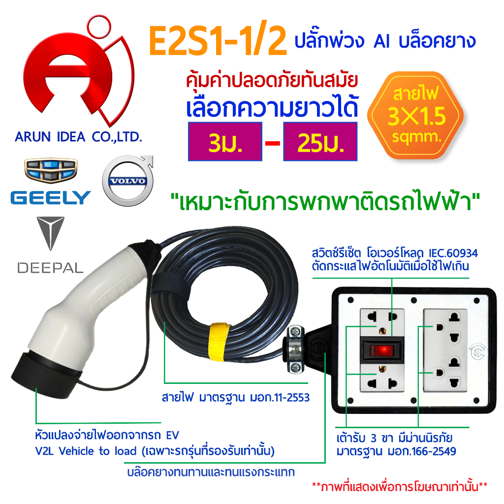 ปลั๊กพ่วงแปลงจ่ายไฟออก สำหรับรถไฟฟ้า V2L Vehicle to load เหมาะกับการพกพาติด รถไฟฟ้า ความยาว 30 - 100
