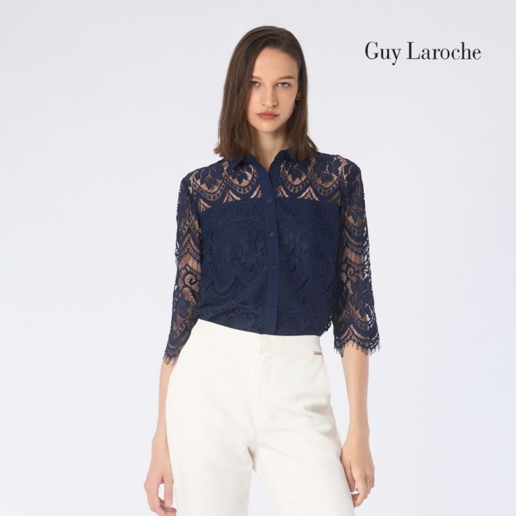 Guy Laroche Woman’s shirt luxury lace เสื้อเชิ้ตผู้หญิง แขนยาวสามส่วน สีกรมท่า GBD6NV