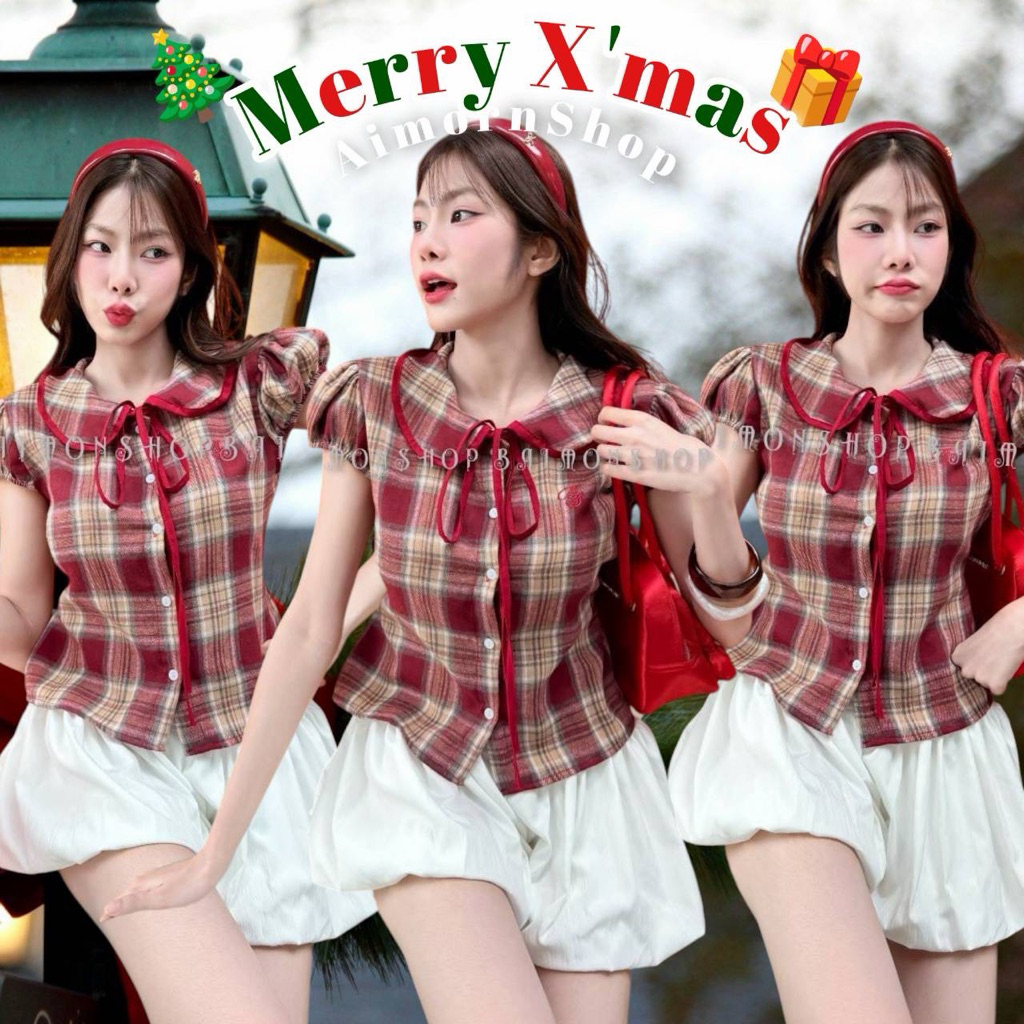 🔥aimorn_shop🔥เสื้อปกคอบัว ลายสก๊อต ทรงแขนตุ๊กตาน่ารักมาก เกาหลีเกาใจสุดๆ ทรงสวย งานผ้าดี