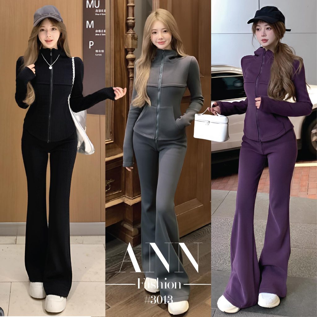 ชุดเซ็ต2ชิ้น เสื้อฮู้ดแขนยาว ซิปหน้า กระเป๋าจิงโจ้ + กระกางเกงขากระบอกปลายบาน เอวยางยืด ผ้าฟลีซ ชุดไปฟิตเนส #3013