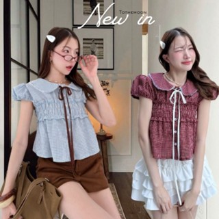 Mone : เสื้อแขนตุ๊กตาคอบัวลายสก็อตฟ้ากุ้นน้ำตาล งานกระดุมดอก…