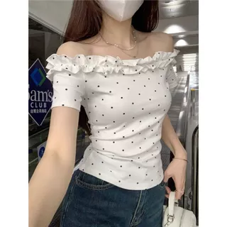 พร้อมส่ง✨เสื้อยืดเปิดไหล่ อเมริกันย้อนยุค เสื้อครอป เอวแน่น สลิมฟิต สำหรับผู้หญิง ฤดูร้อนปี 2025 #F008