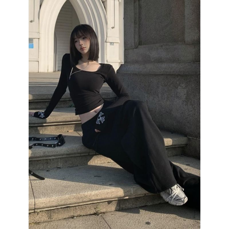 [Slim fit round neck long-sleeved T-shirt]เสื้อยืดคอกลมแขนยาวทรงสลิมฟิตพิมพ์ลายสไตล์เรโทรสำหรับผู้หญิง - รูปที่ 2