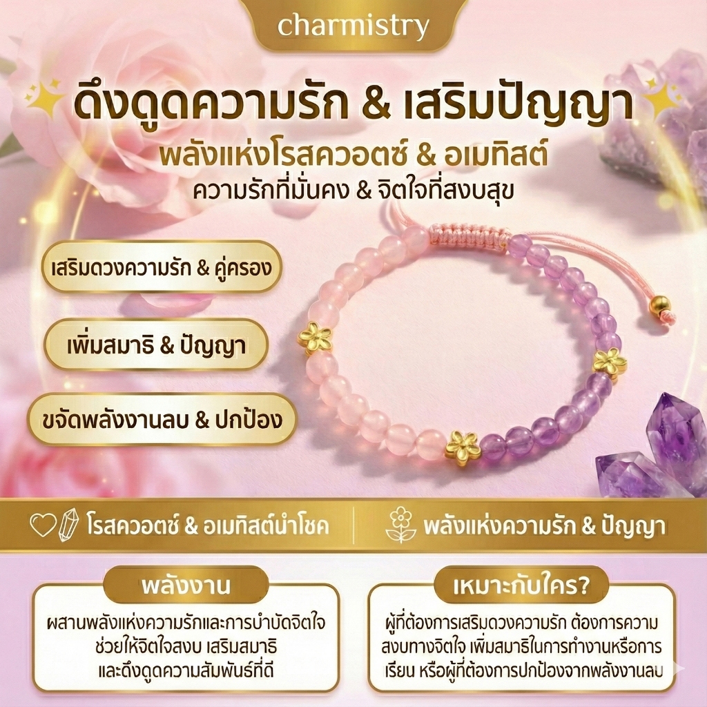 สร้อยข้อมือหินแท้ ขนาด 6มม.อะเมทิสต์สีลาเวนเดอร์ ลูกปัดแคทอายสีชมพู ปัดพลังลบ ใจนิงสงบ ของขวัญวันเกิด (มีกล่องของขวัญ)