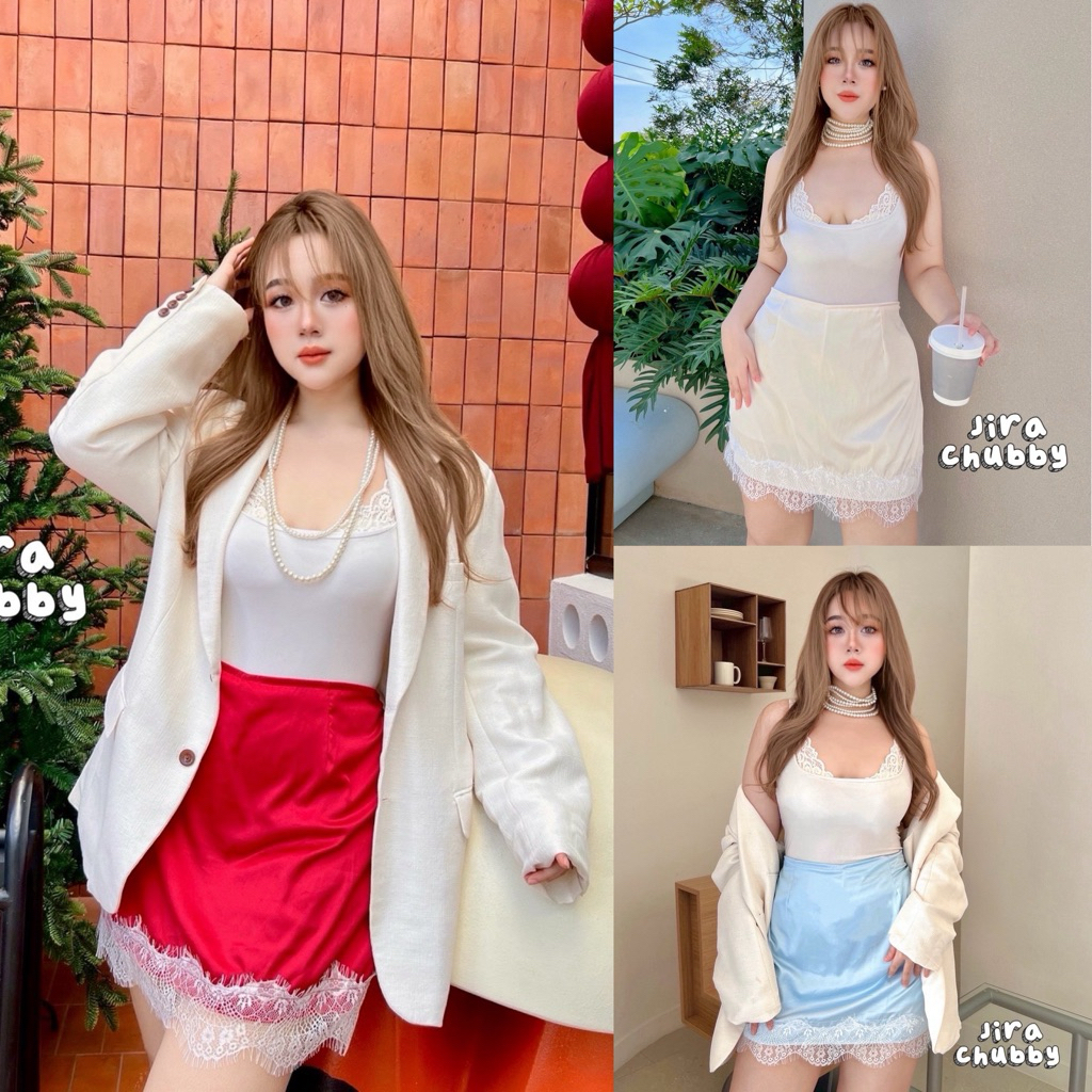 /JR/ กระโปรงทรงเอผ้าซาติน ไซส์เอว36-42 แต่งระบายลูกไม้ เอวสม็อคหลัง มีซับในกางเกง สวยเป๊ะ #ไซส์ใหญ่ พลัสไซส์