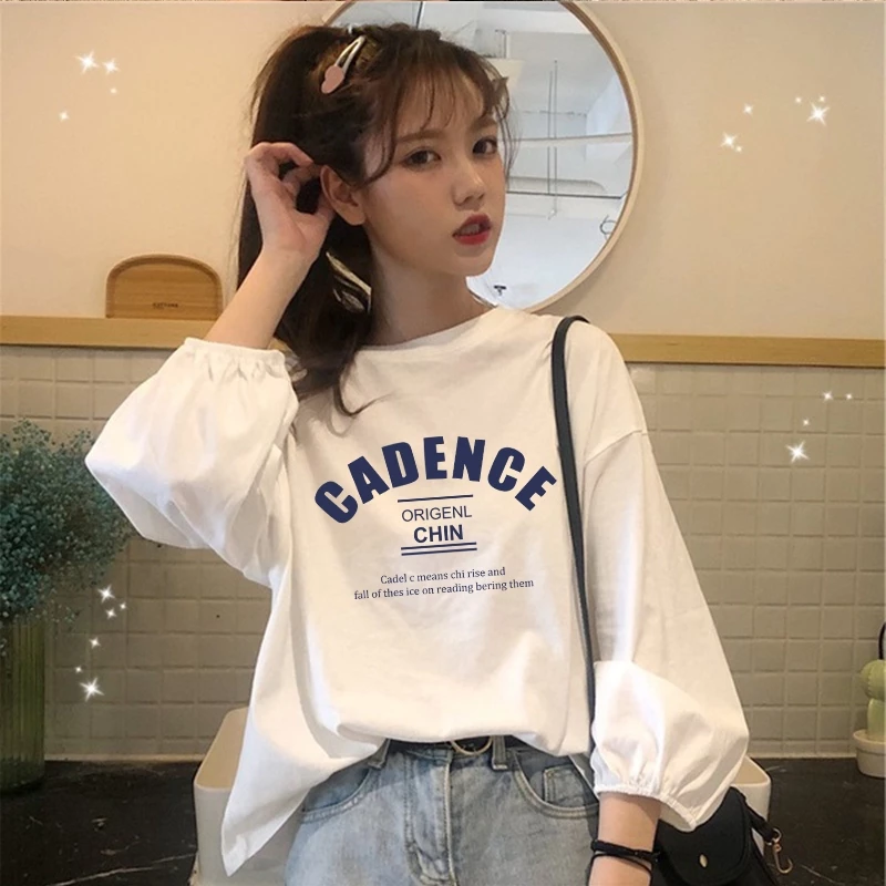 เสื้อแขนบอลลูนสไตล์เกาหลี oversize เสื้อผ้าสาวอวบแฟชั่นน่ารักๆ ลายตัวหนังสือ เสื้อยืดแขนยาวผู้หญิงกําลังฮิตใหม่ล่าสุด