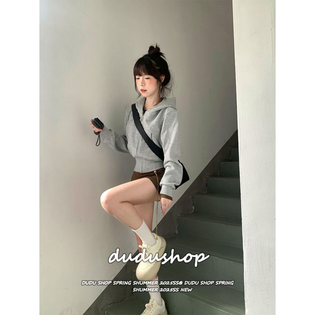 [Long-sleeved hooded zip-up jacket]เสื้อแจ็คเก็ตฮู้ดแขนยาวมีซิปสไตล์มินิมอล สีพื้น ลำลอง สำหรับผู้หญิง