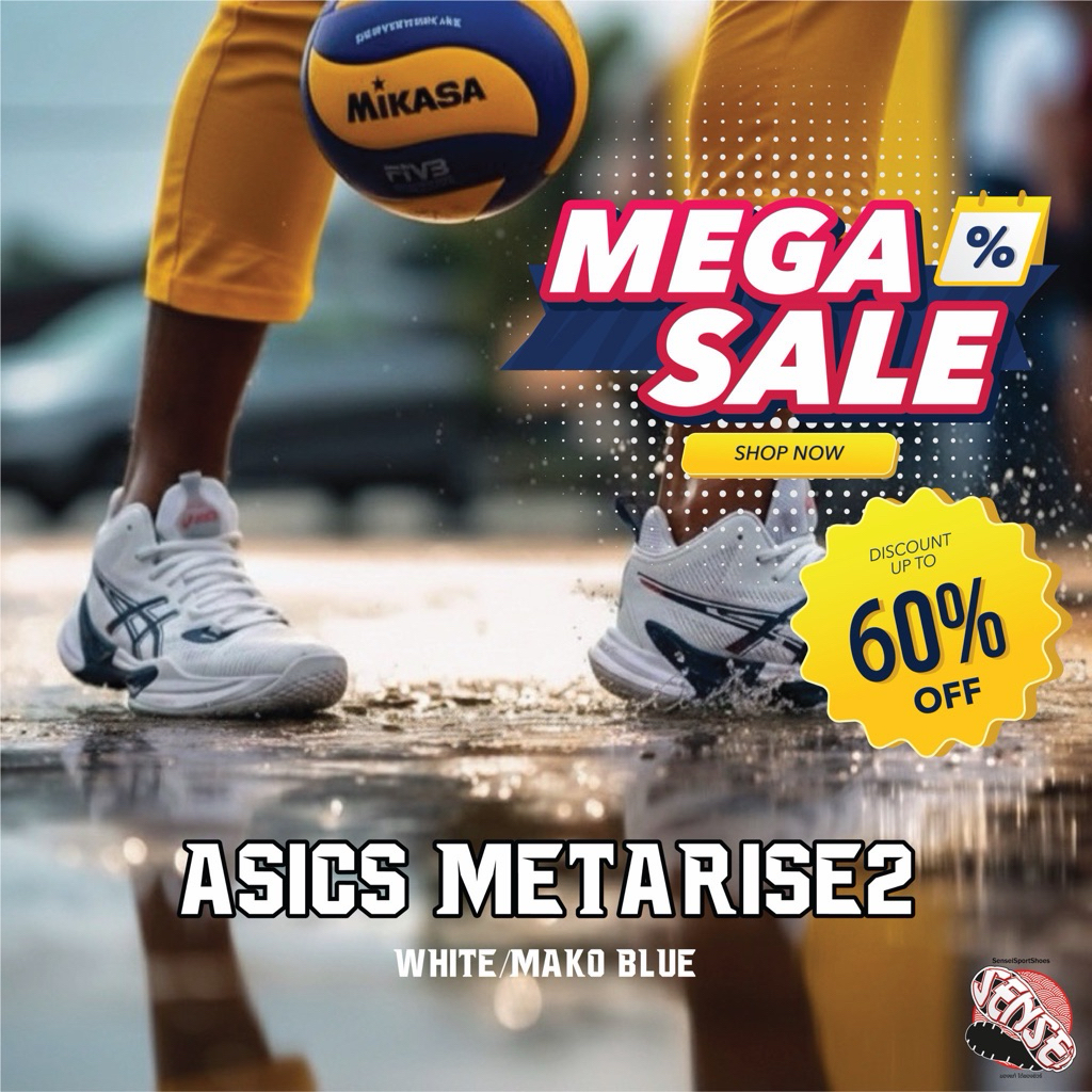 🌈✨ใส่โค้ดSENSEI10Pลด10%🌈✨รองเท้าวอลเลย์เอสิคหุ้มข้อสีWHITE/MAKO BLUE : ASICS METARISE2  By SenseiSpo