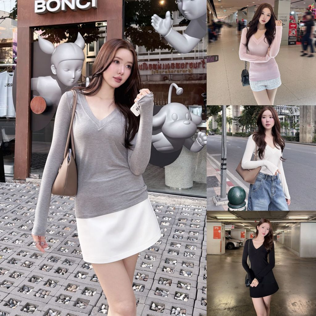 ส่งด่วน🚨 ขาว/ชมพู/เทา/ดำ SLYQ BASIC V NECK LIGHT JERSEY TOP เสื้อยืดแขนยาวคอวีผ้าบาง