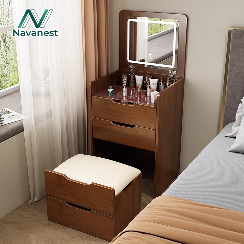 Navanest โต๊ะเครื่องแป้ง โต๊ะแป้ง โต๊ะเครื่องแป้งอเนกประสงค์ กระจก ไฟ LED โต๊ะเครื่องแป้งพับได้ การป