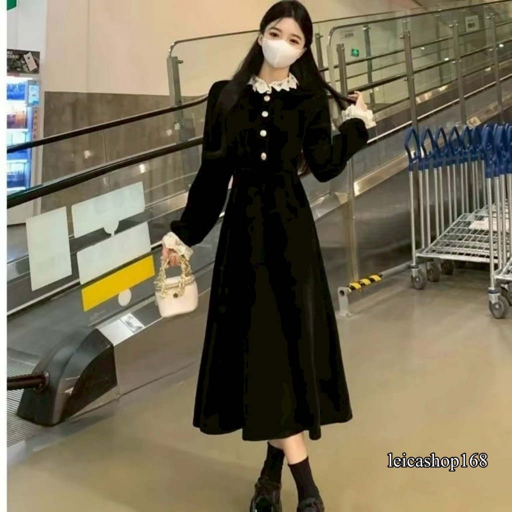 สินค้าพร้อมส่ง เดรสผ้าวูลเวฟ  สไตล์เวียดนาม คอแต่งระบายชีฟอง แขนยาว กระดุมหน้า พร้อมสายผูกเอว   A7261