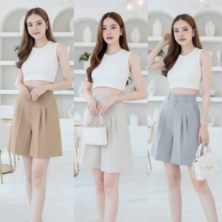 กางเกงขาสั้นผ้าโซดา ยาว 19"🌈[S-4XLเอวบน] เอวสูงพิเศษ แต่งหูเข็มขัด ตะขอซิปหน้า ผ้านุ่มมือ ทรงสวย