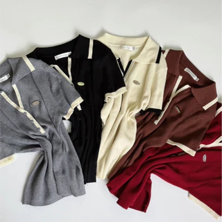 Kyler top เสื้อกุ้นไหมพรมคอปก (ผ้าไหมพรม) งานติดอะไหล่ Size M,L AOMMKOSHOP - S103