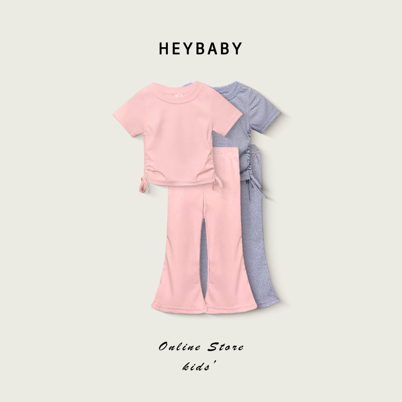 2-12 ปี เสื้อแขนสั้นกางเกงขาม้า งาน2ชิ้น สไตล์เกาหลีชุดเด็กแขนสั้นสองชิ้น สไตล์เกาหลี ขาบาน ผ้านิ่มใ