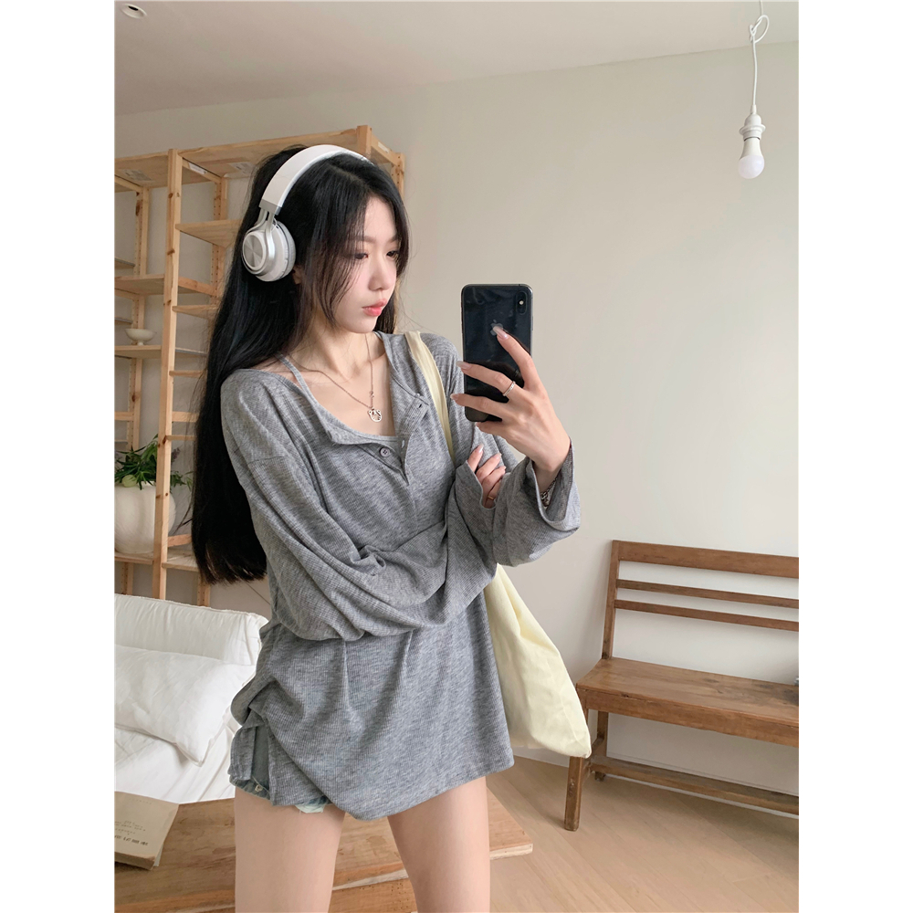 เสื้อยืดเเขนยาว เสื้อยืดทรงหลวม ออเวอร์ไซส์ กันเเดด มีสายเดี่ยว เปิดไหล่ได้ #02414 รูปที่ 6