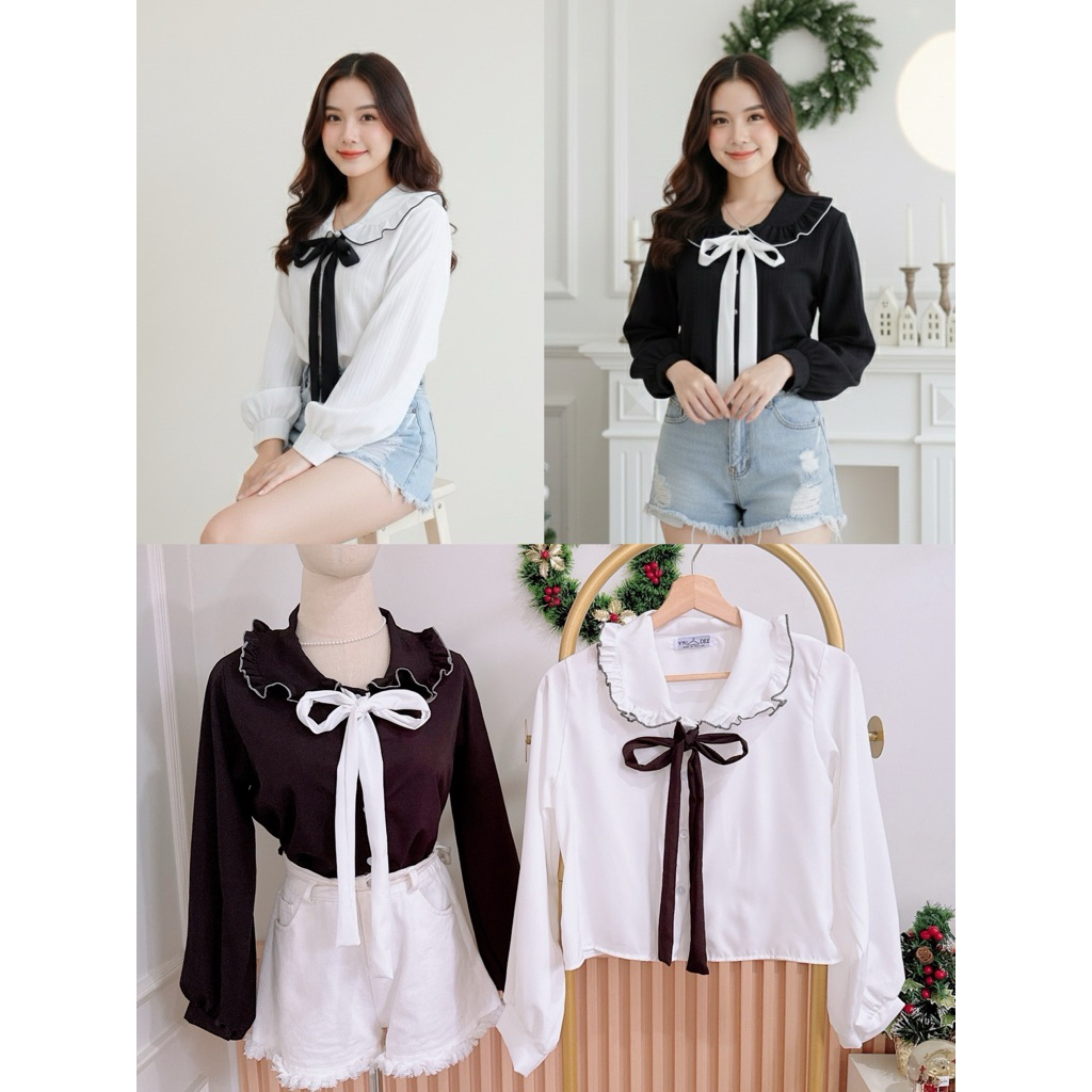 เสื้อคอบัวแต่ง🎀ดำ แขนยาว กระดุมผ่าหน้าใช้งานได้จริง