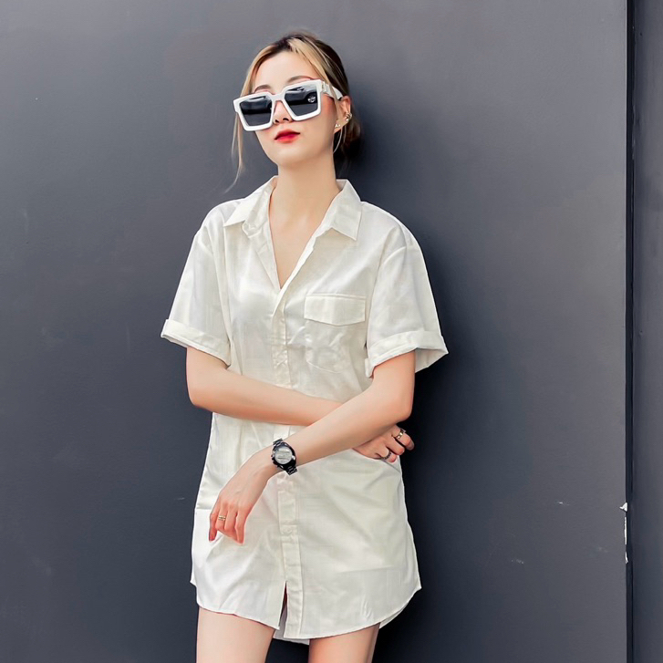 Fave Brand เดรสเชิ้ตแขนสั้น สีครีมเบสิค ผ้าคอตตอน ฟรีไซส์42