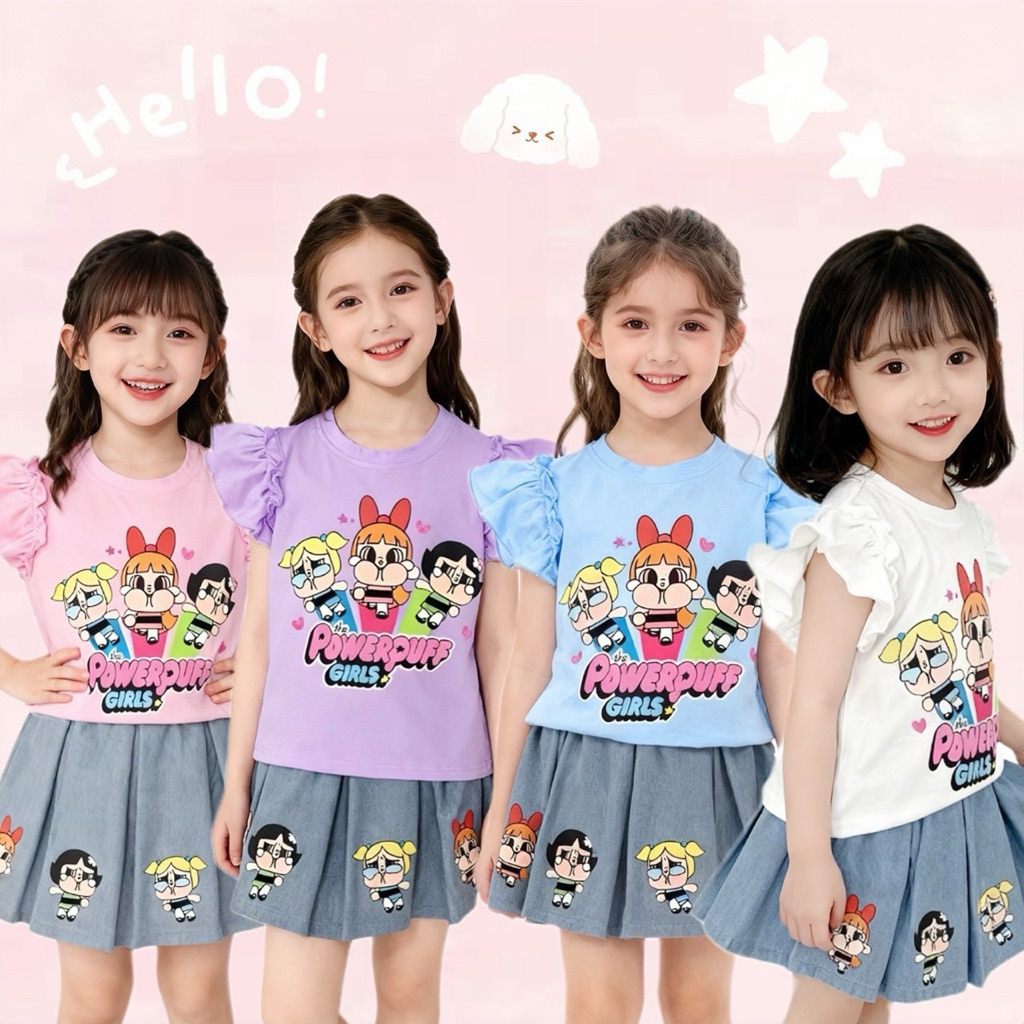 BB054 ชุดเซต เสื้อแขนระบาย + กระโปรงลายppg น่ารักกก มี 4 สีให้เลือก