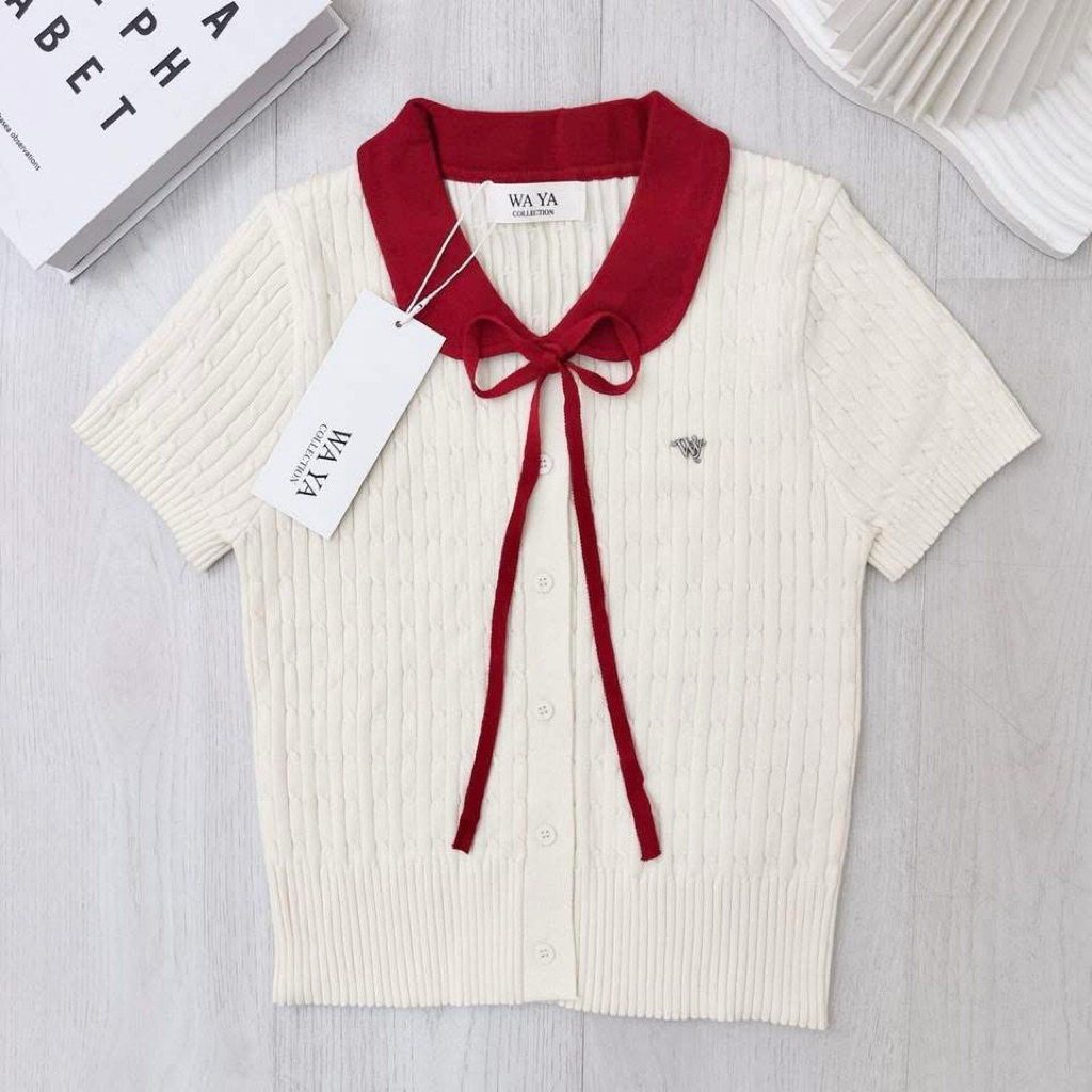 WAYA Collection ใหม่ เสื้อไหมพรม คอบัว แต่งเชือกผูกโบว์ อก30-42“ยาว20”