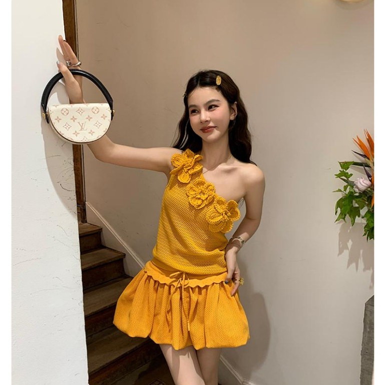 【xxavc825h0】ชุดเสื้อกล้ามไหล่เดี่ยวถักโครเชต์ 3 มิติสไตล์เกาหลี + กระโปรงทิวลิป 2 ชิ้น [ขายแยก]