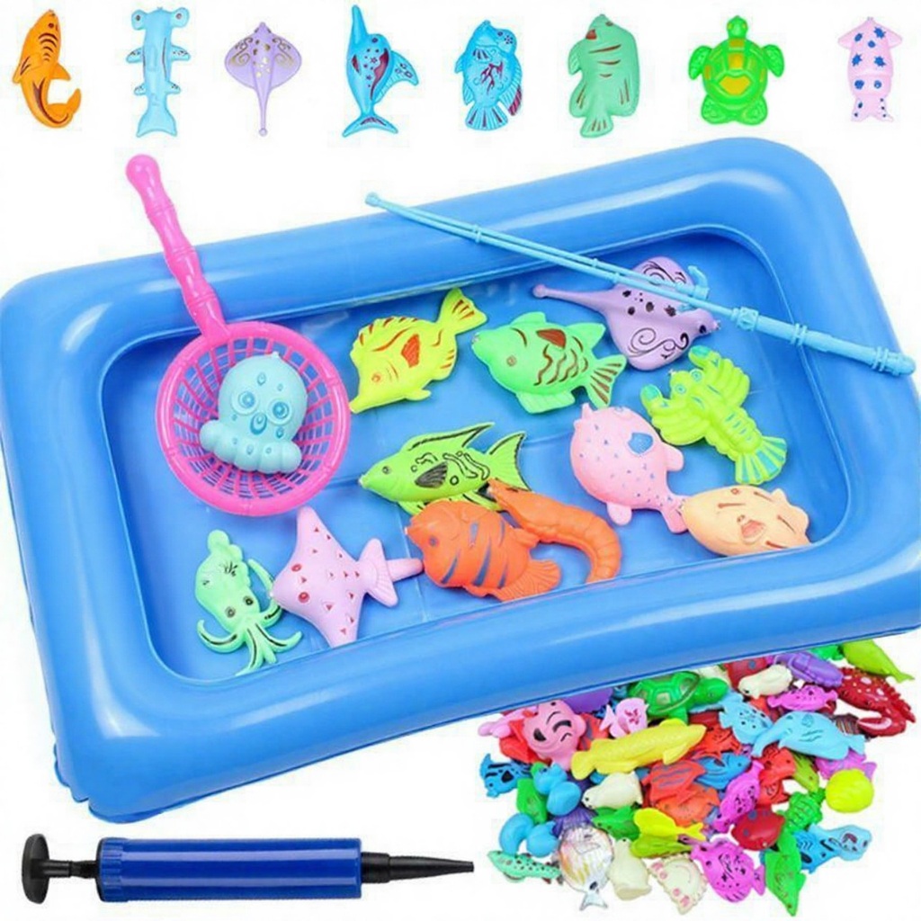 ของเล่นตกปลา เกมตกปลาเรืองแสง บ่อตกปลา ตกปลาครบชุด 50 ชิ้น(แถมที่สูบลม) ของเล่นเบ็ดตก