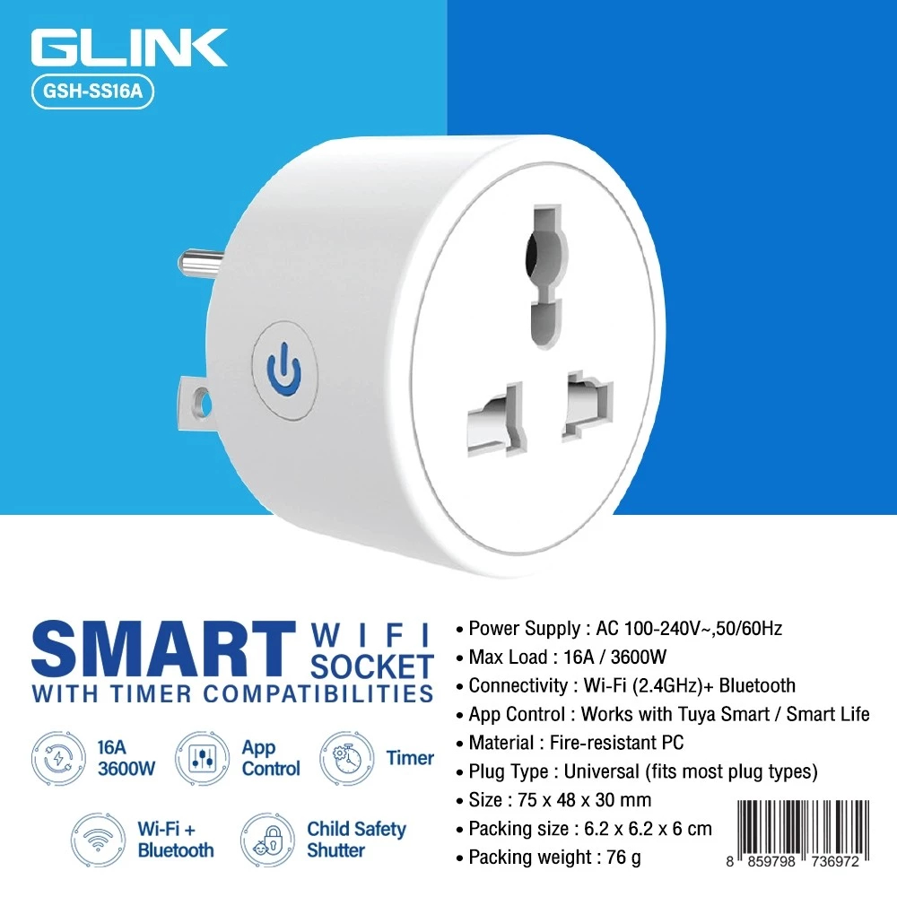 ปลั๊กไฟอัจฉริยะ GLINK (GSH-SS16A) Adapter Plug Smart Wifi Socket WiFi 2.4GHz + Bluetooth ควบคุมผ่านแอพ